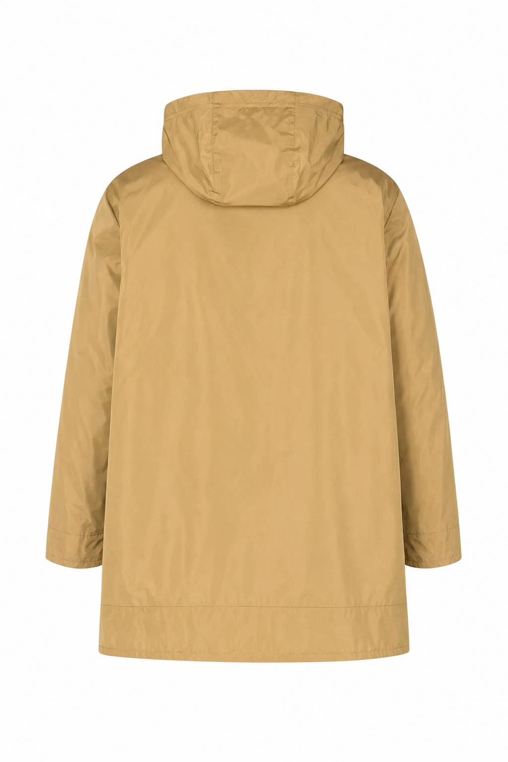 A tan hooded jacket shown from the back, photographed against a solid white background.