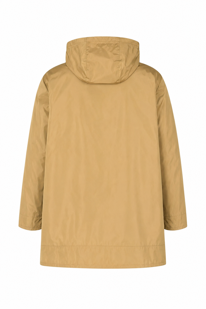 A tan hooded jacket shown from the back, photographed against a solid white background.