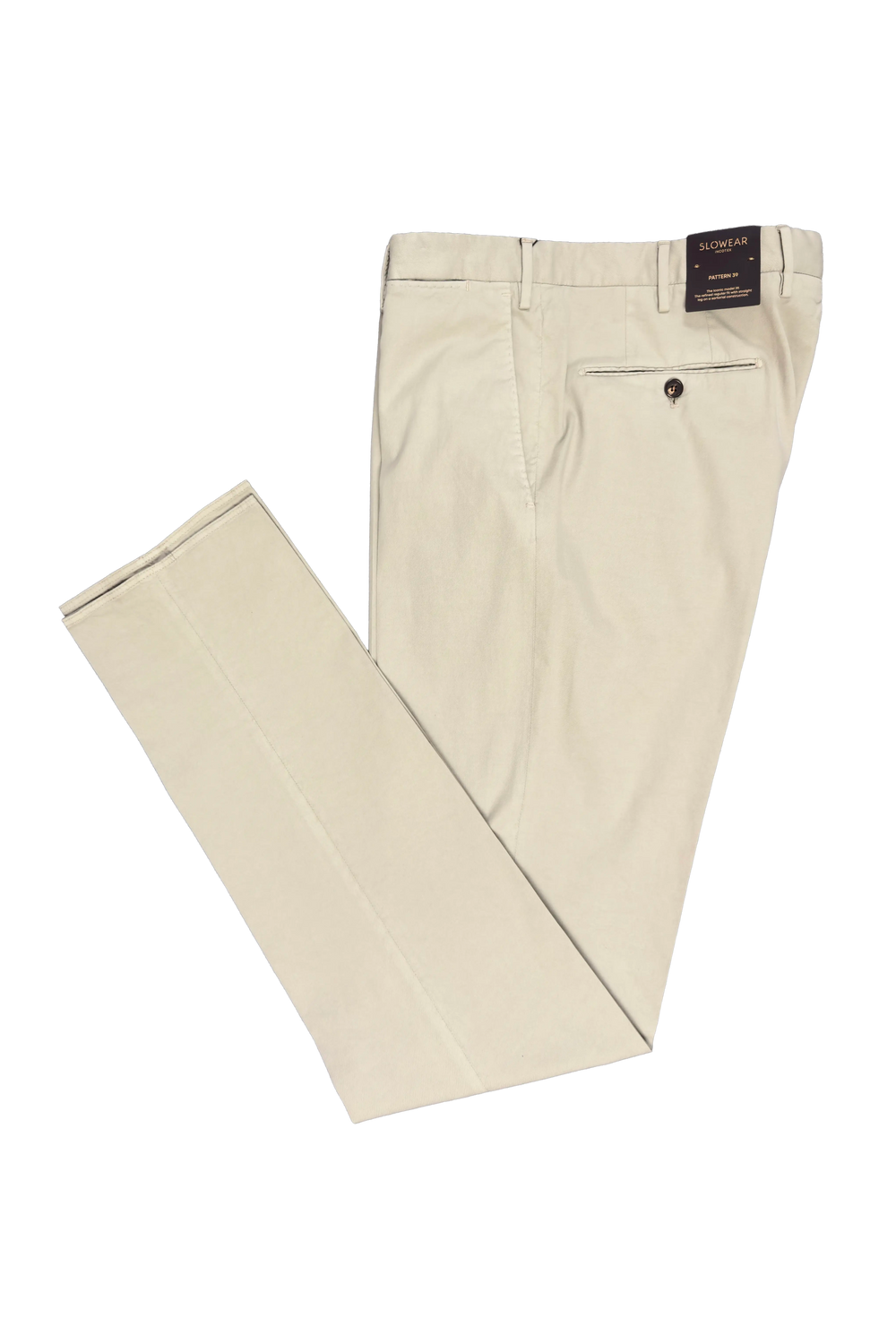 Beige pants with a tag on a white background