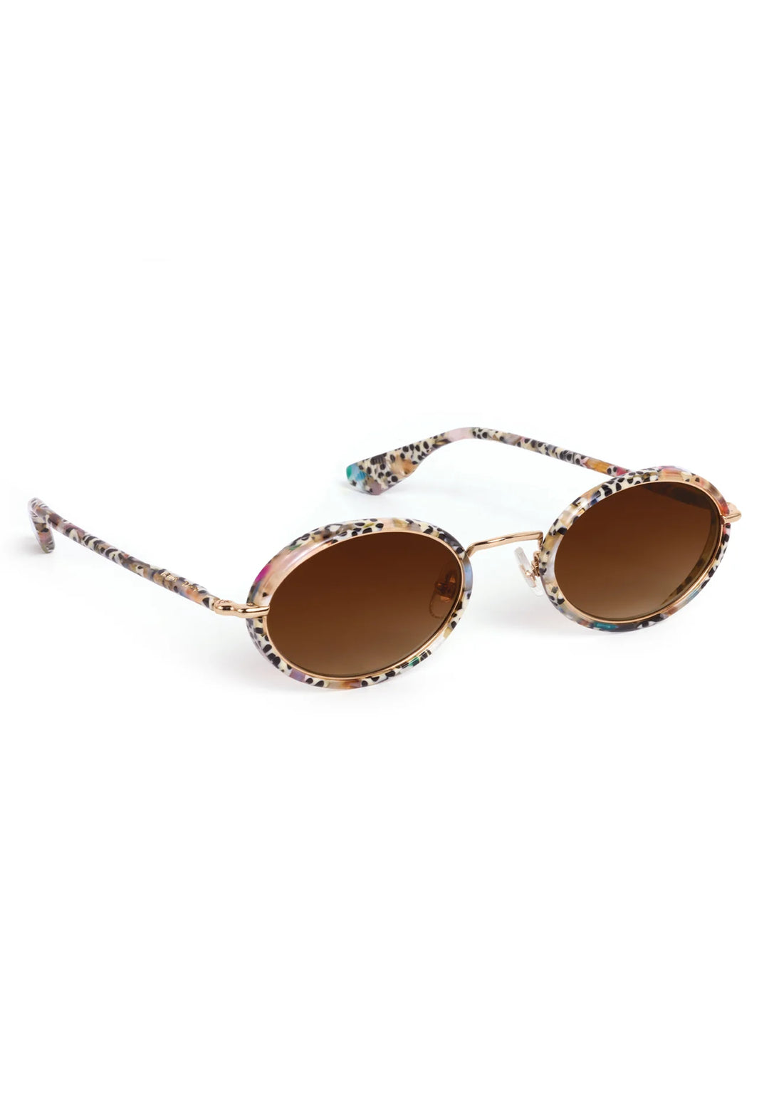 Sunglasses with floral patterned arms on a white background