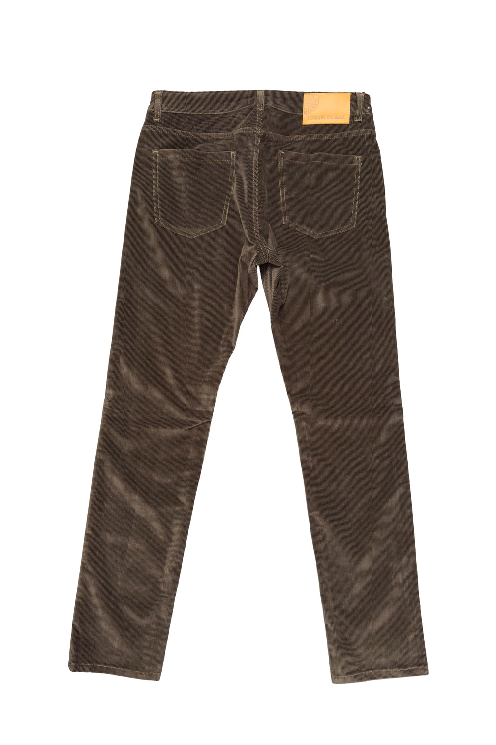 Back view of dark brown corduroy jeans on a white background, showing the back pockets and a small tan leather patch at the waistband.