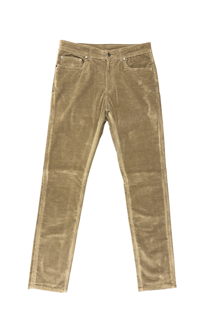 A pair of slim-fit corduroy pants in a muted khaki-beige color, laid flat against a solid white background.