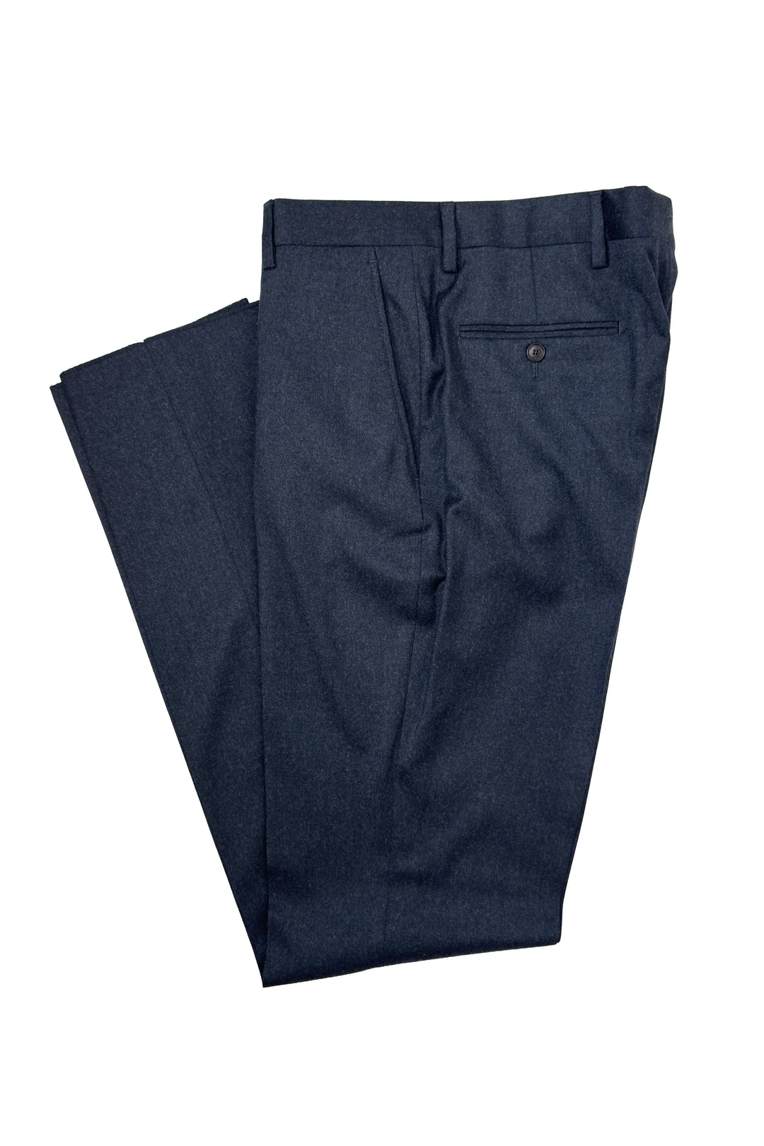 A pair of dark navy blue dress pants folded neatly on a solid white background, showing the front trouser leg with a buttoned welt pocket.