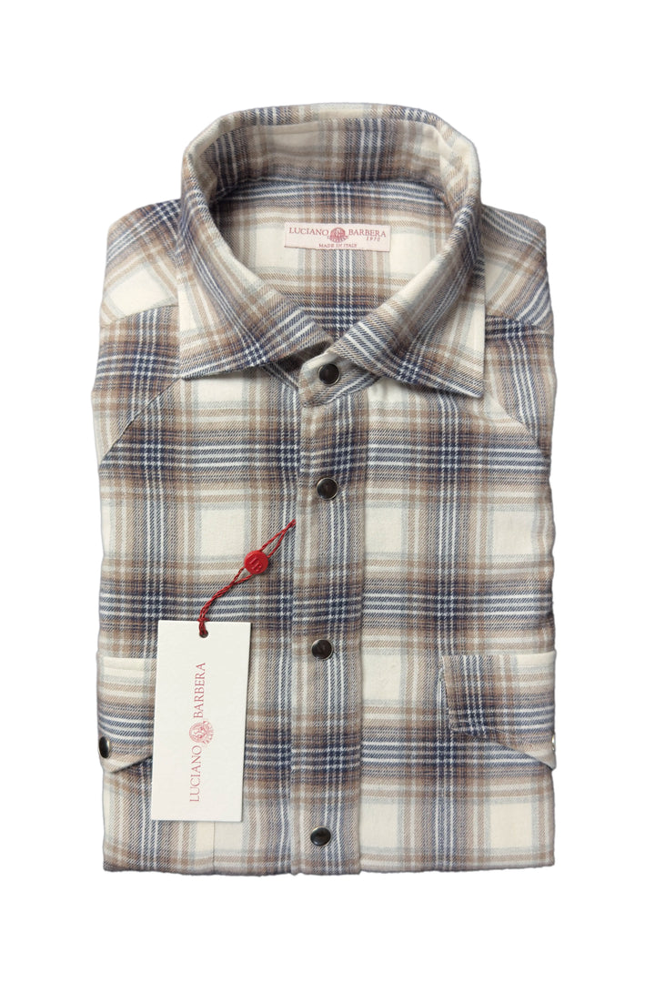 A folded long-sleeve plaid button-up shirt by Luciano Albera, featuring a cream, gray, and brown check pattern with a red drawstring and a white paper brand tag.