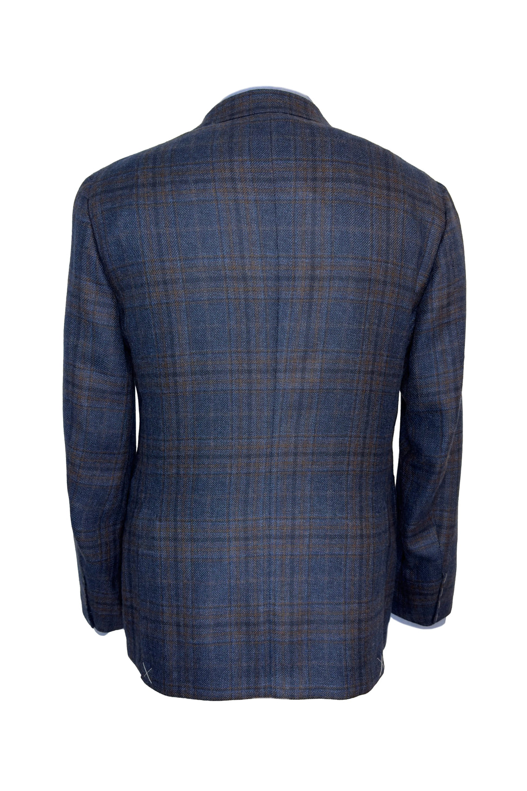 A blue plaid blazer shown from the back, featuring a subtle brown and gray check pattern on a white background.