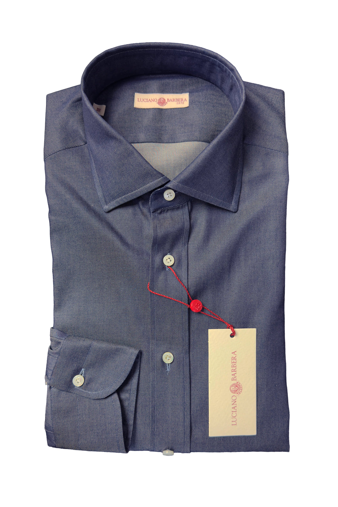 A folded men's long-sleeve dress shirt in a textured slate blue fabric, featuring a button-down front, a single chest pocket, and a red drawstring with a beige brand tag.