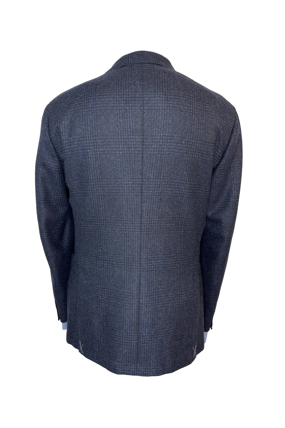 A men's blazer shown from the back, featuring a dark navy blue and gray micro-check pattern, photographed against a solid white background.
