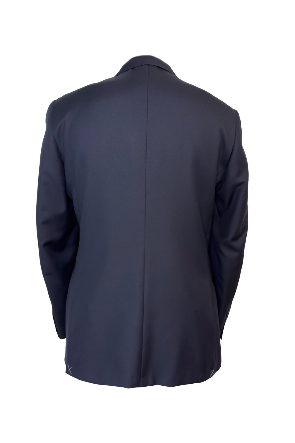A navy blue men's suit jacket shown from the back, photographed on a clean white background.