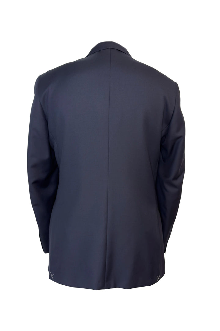 A navy blue men's suit jacket shown from the back, photographed on a clean white background.