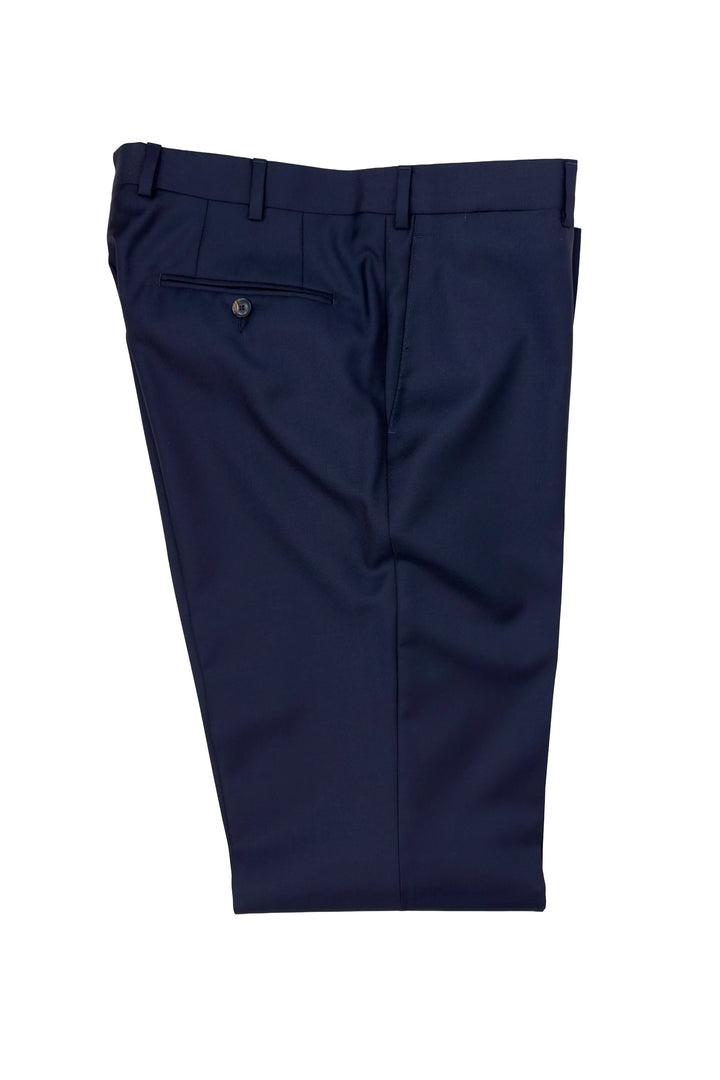 A pair of navy blue dress pants shown flat against a solid white background, displaying the back pocket, belt loops, and front crease.