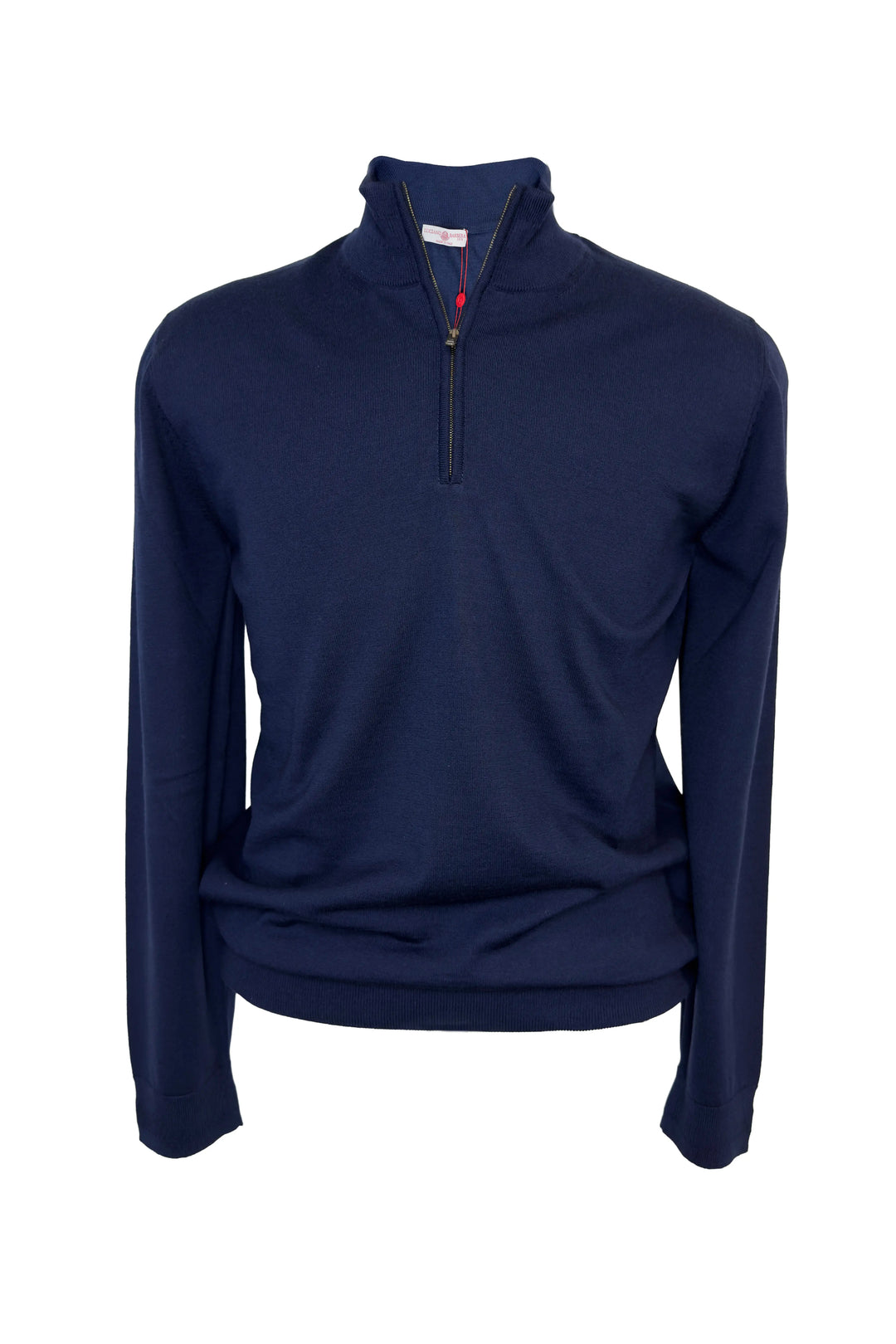 A navy blue long-sleeve quarter-zip pullover sweater displayed on a ghost mannequin against a plain white background.