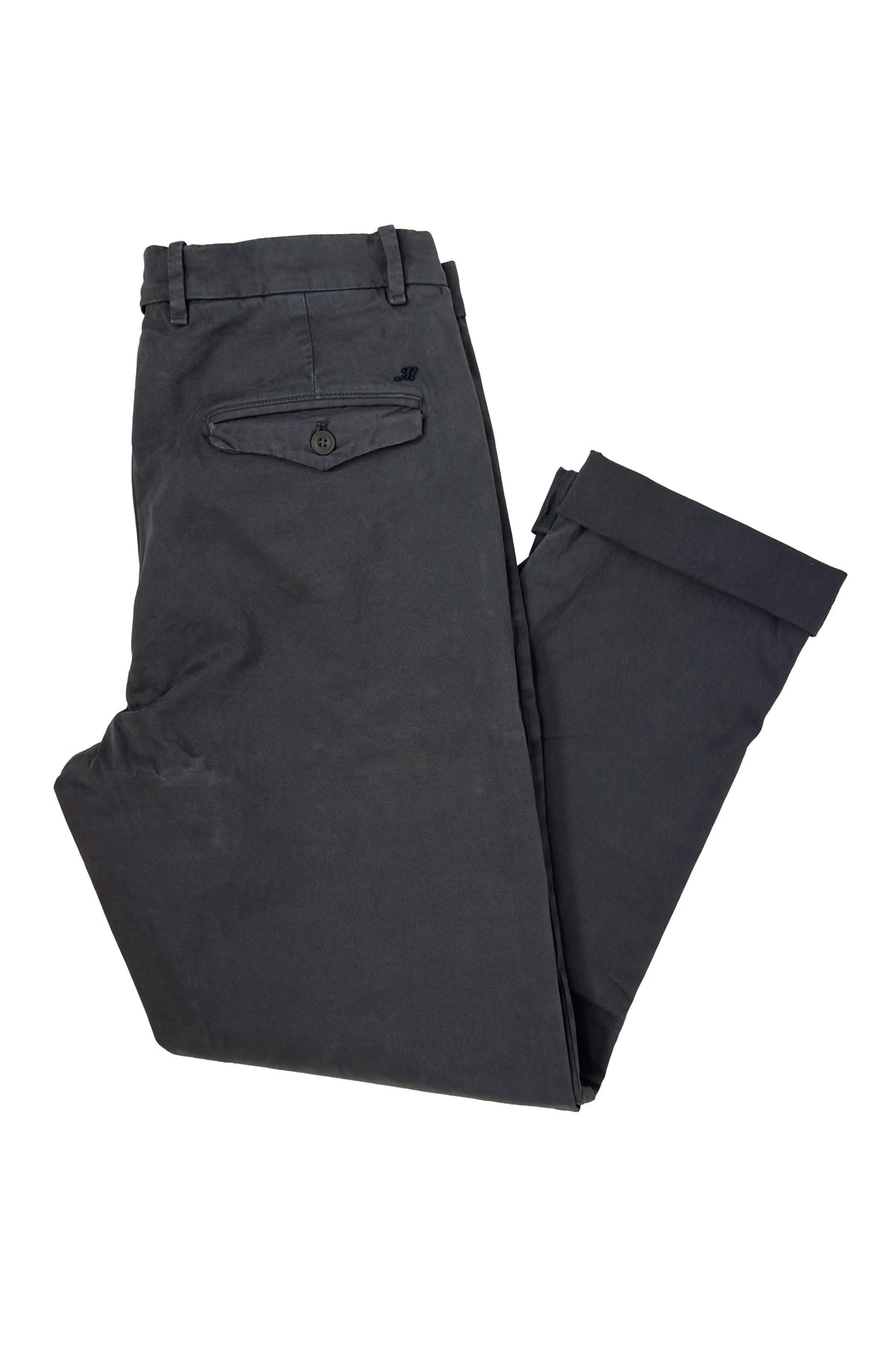 A pair of dark charcoal gray trousers folded neatly on a solid white background, showing the back pocket and belt loops.