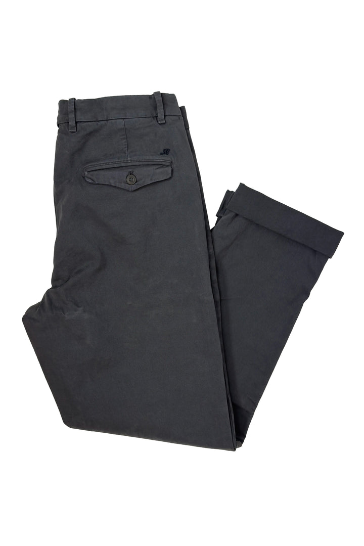 A pair of dark charcoal gray trousers folded neatly on a solid white background, showing the back pocket and belt loops.