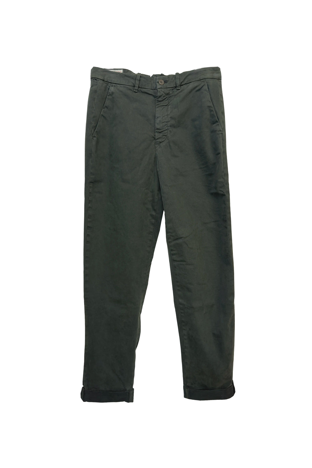 A pair of dark olive green chino pants shown flat against a solid white background.