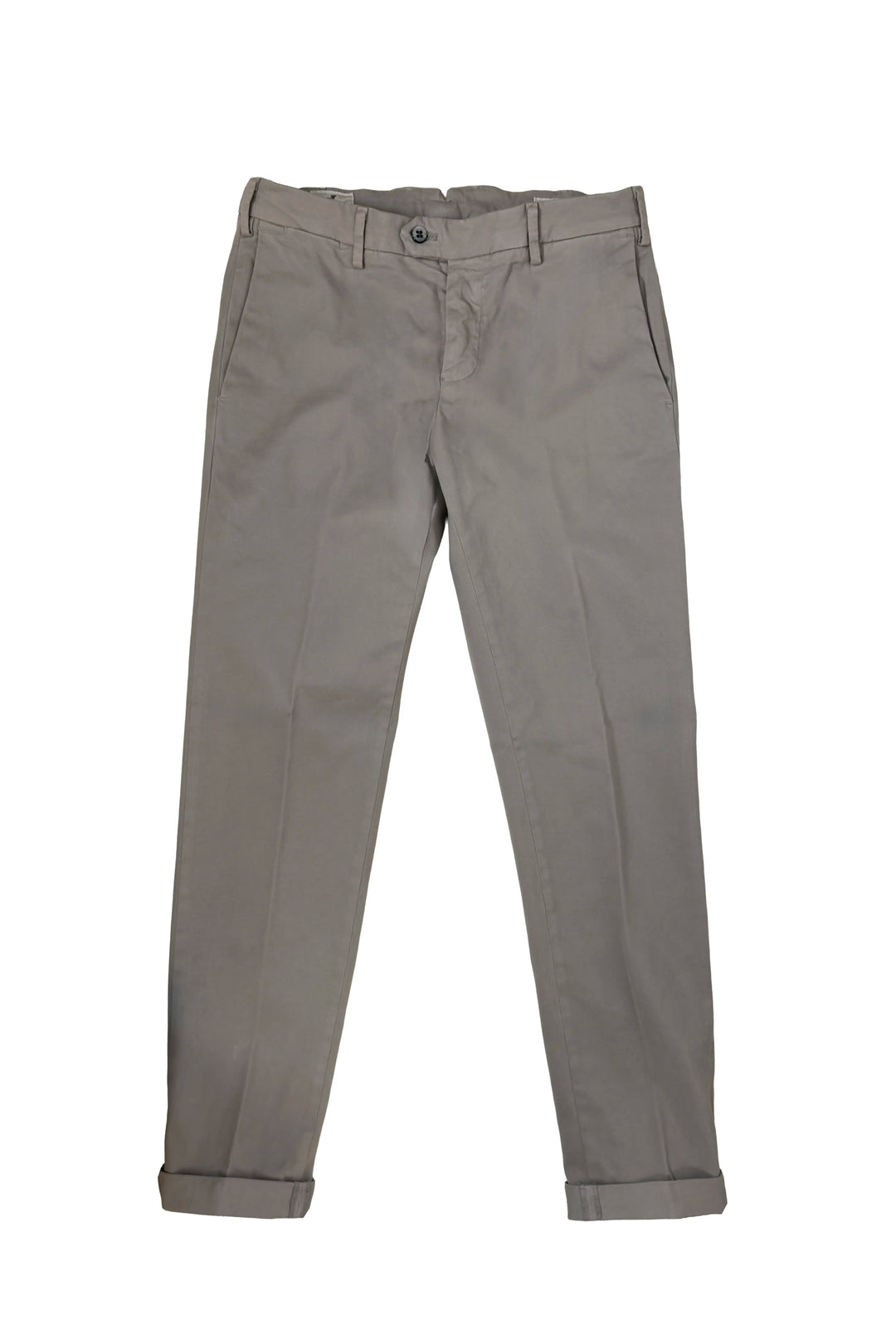A pair of slim-fit chino pants in a solid taupe-gray color, shown flat against a plain white background.