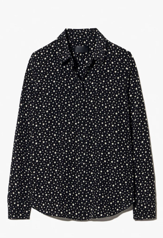 A black long-sleeve button-up shirt with a dense white micro-dot pattern, displayed flat against a light gray background.