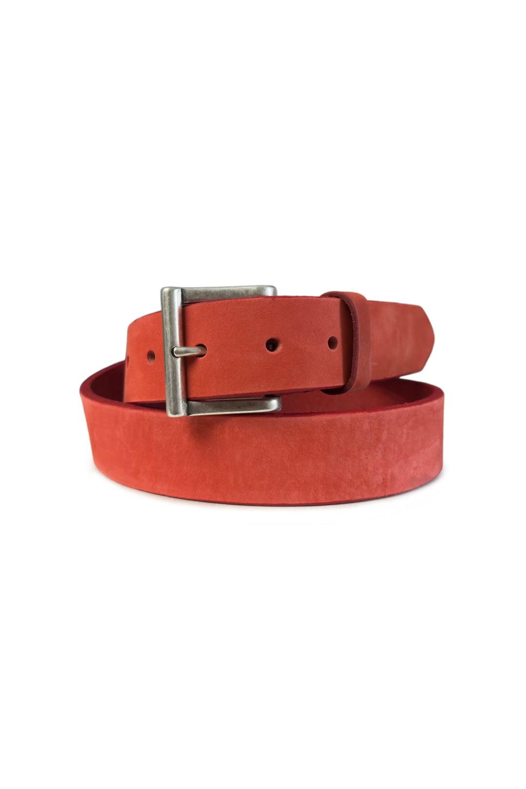 Red belt with a silver buckle on a white background