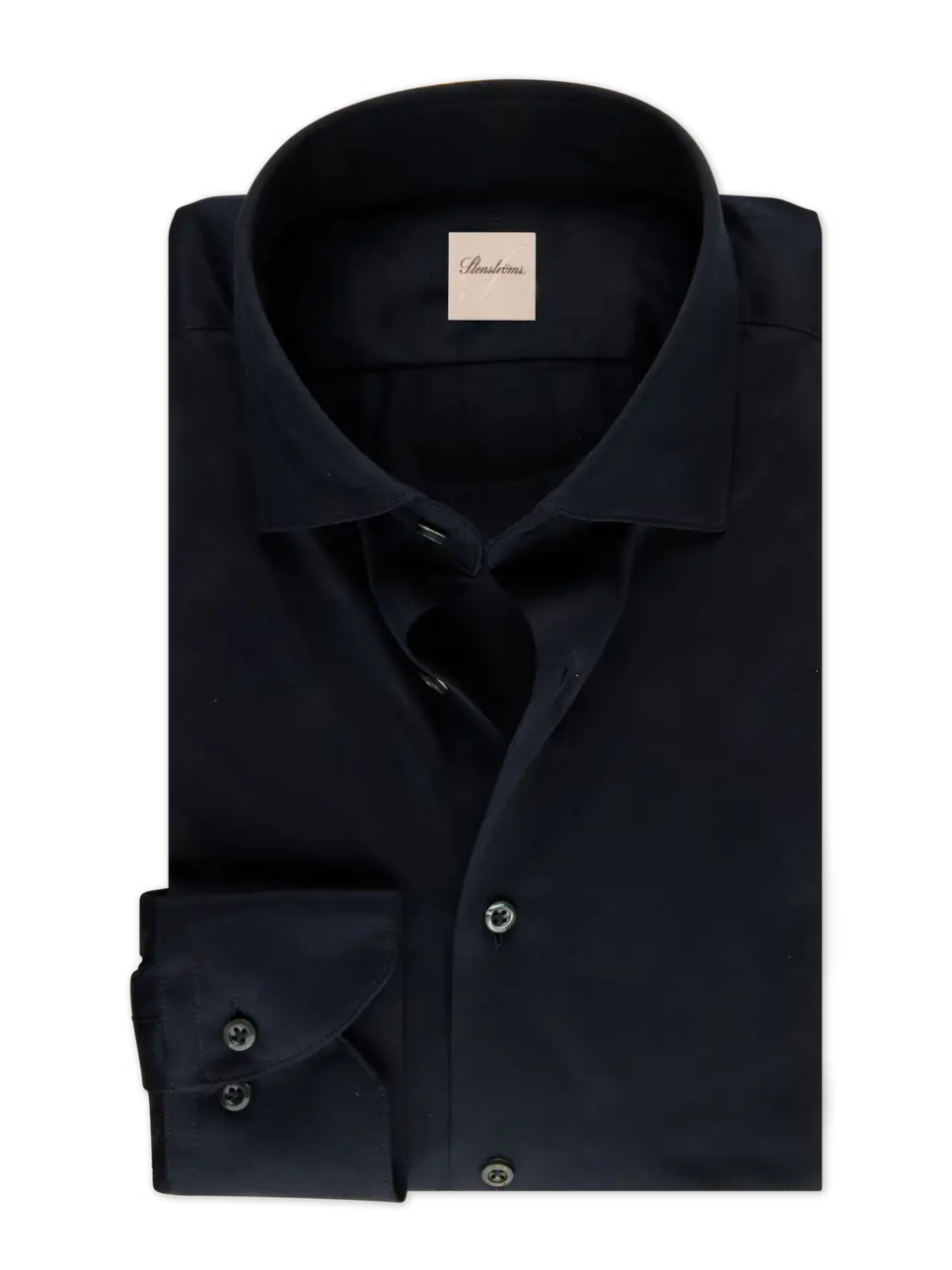 Folded black dress shirt with a brand label on a white background