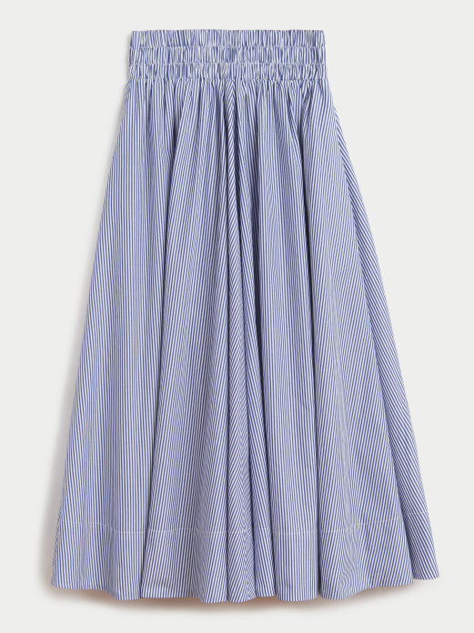 Blue and white striped skirt on a light gray background