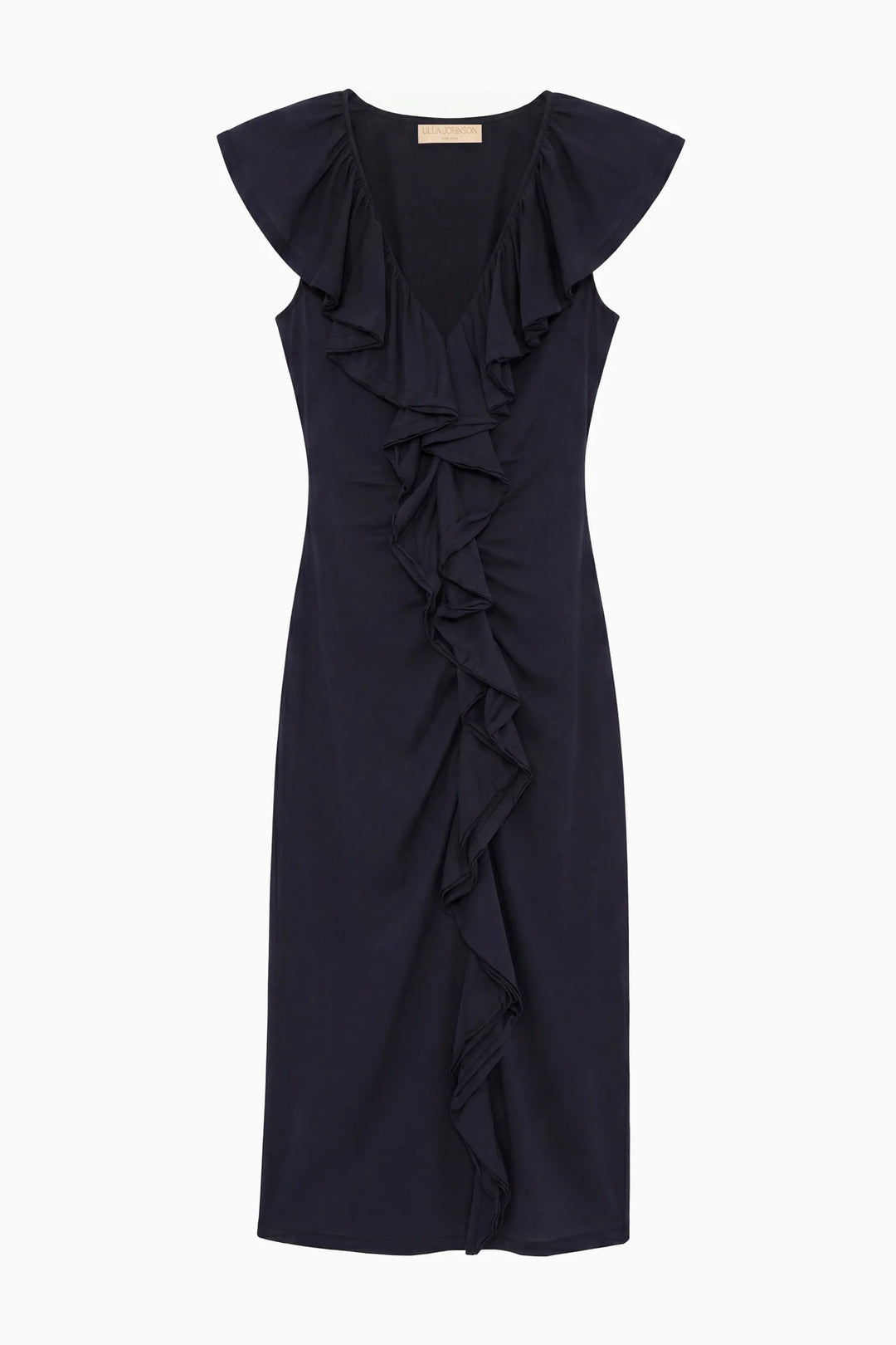 Navy blue dress with ruffled details on a white background