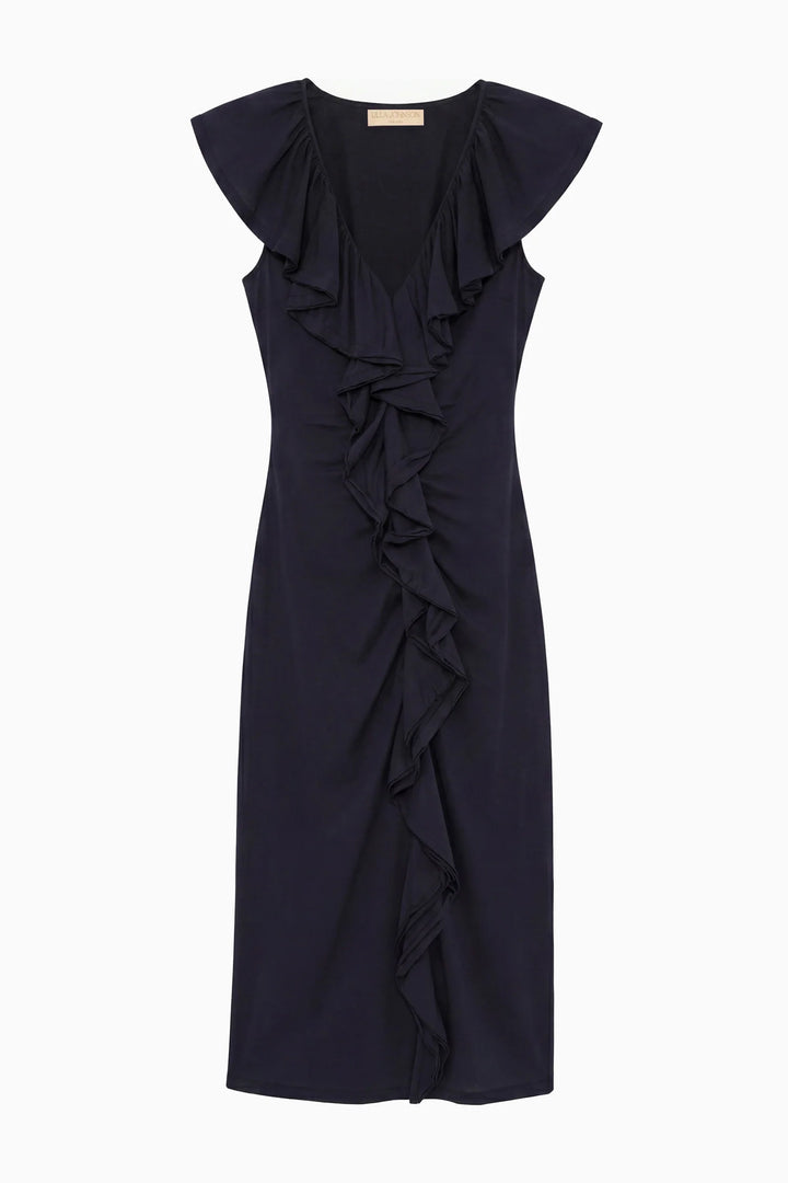 Navy blue dress with ruffled details on a white background