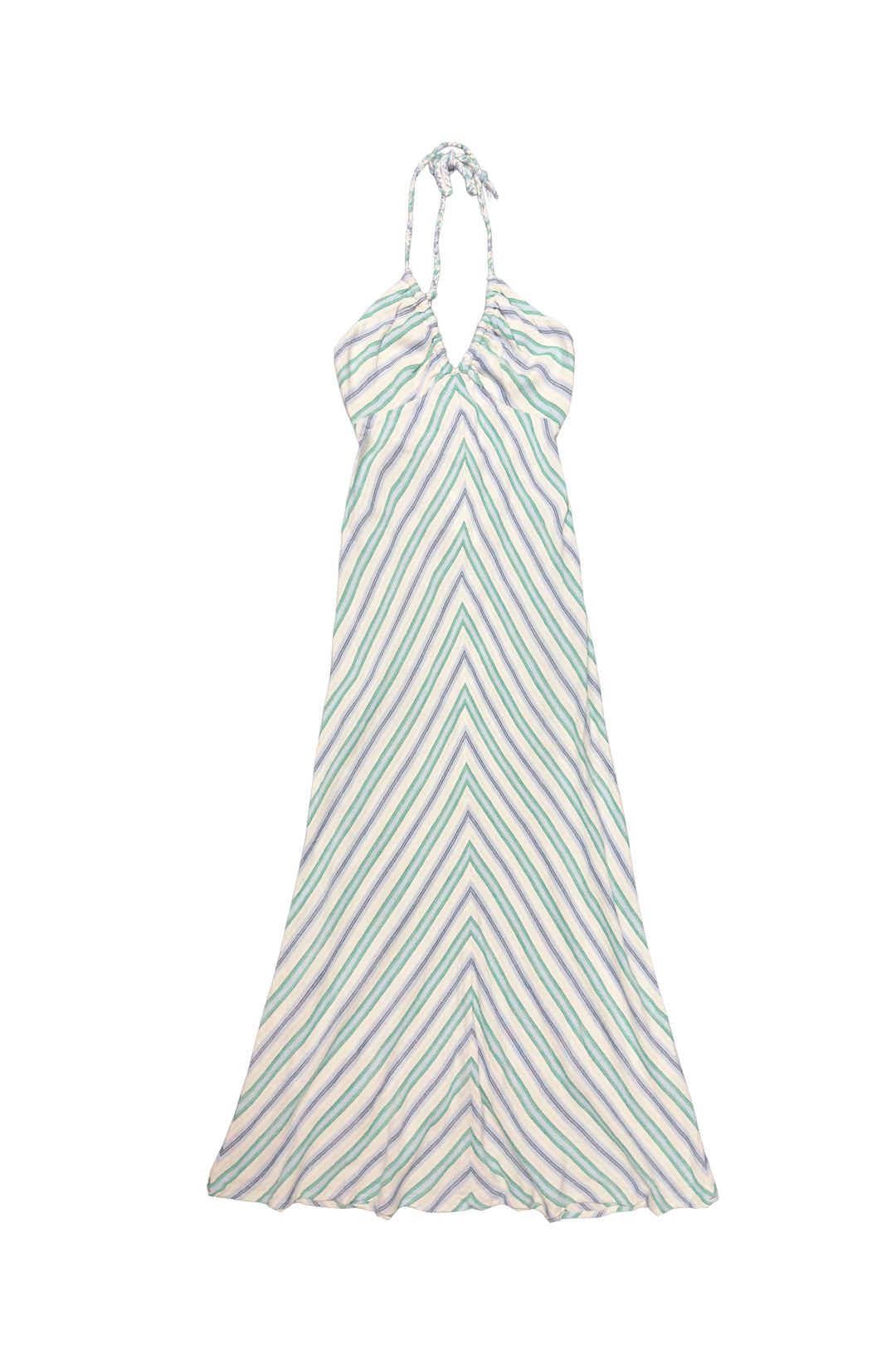 Striped halter neck dress on a white background