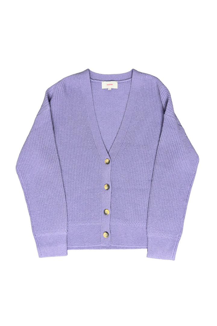 Purple cardigan with gold buttons on a white background