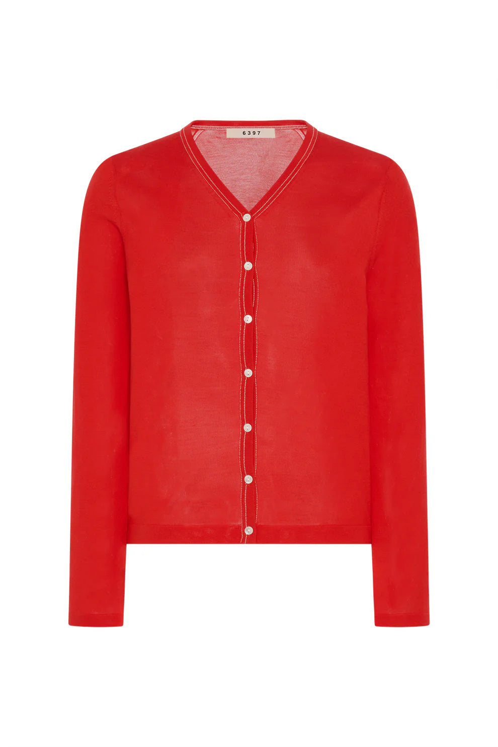 Red cardigan with white buttons on a white background