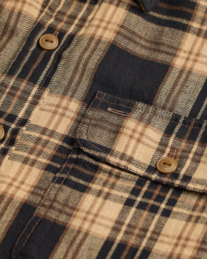 Close-up of a plaid shirt with buttons and a pocket