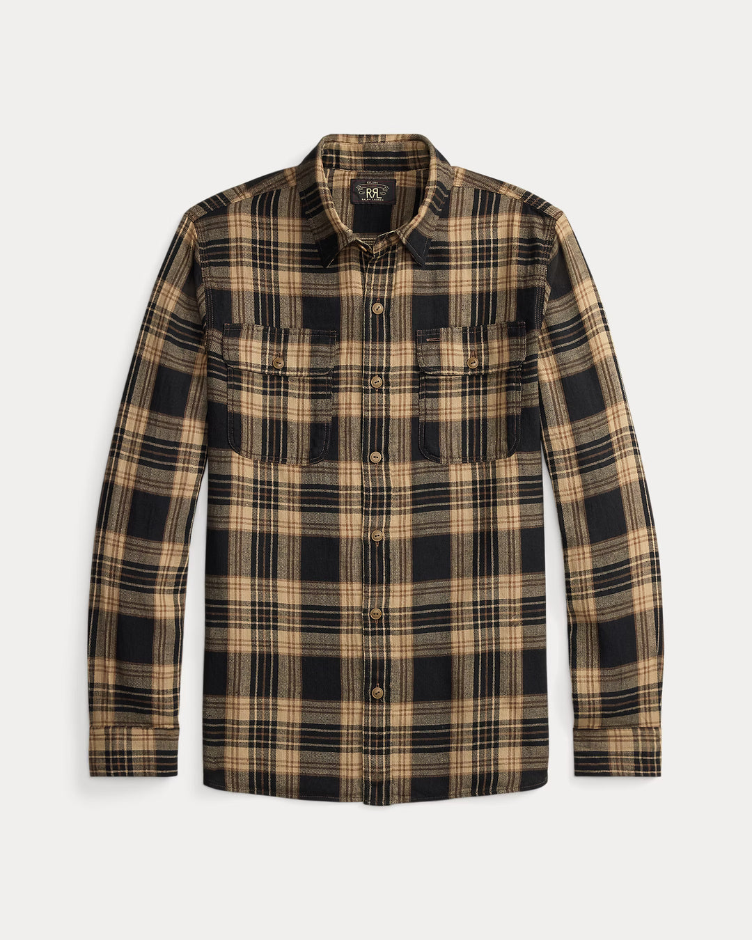 Plaid shirt with brown and black pattern on a white background