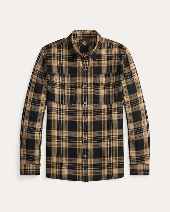 Plaid shirt with brown and black pattern on a white background