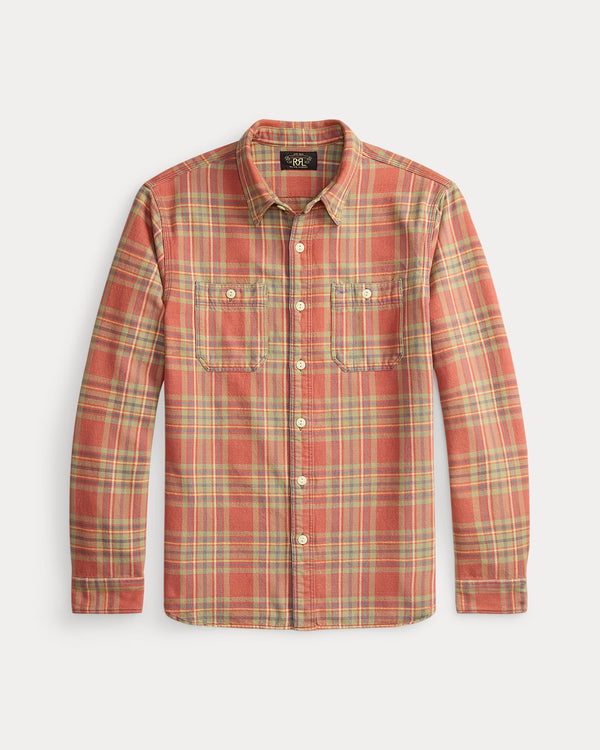 Plaid shirt with a visible brand logo on a white background