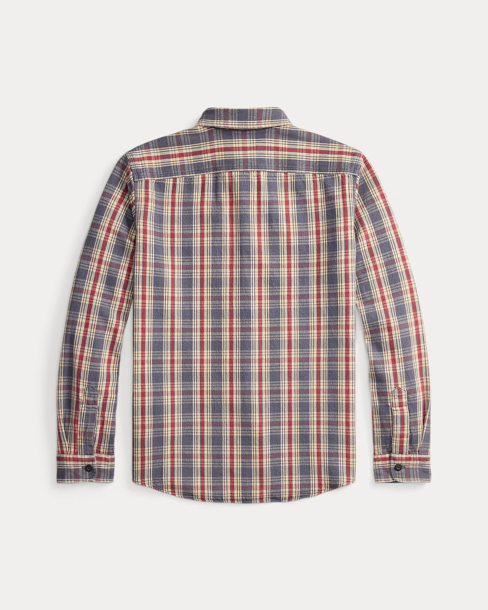 Plaid shirt with red, blue, and beige pattern on a white background