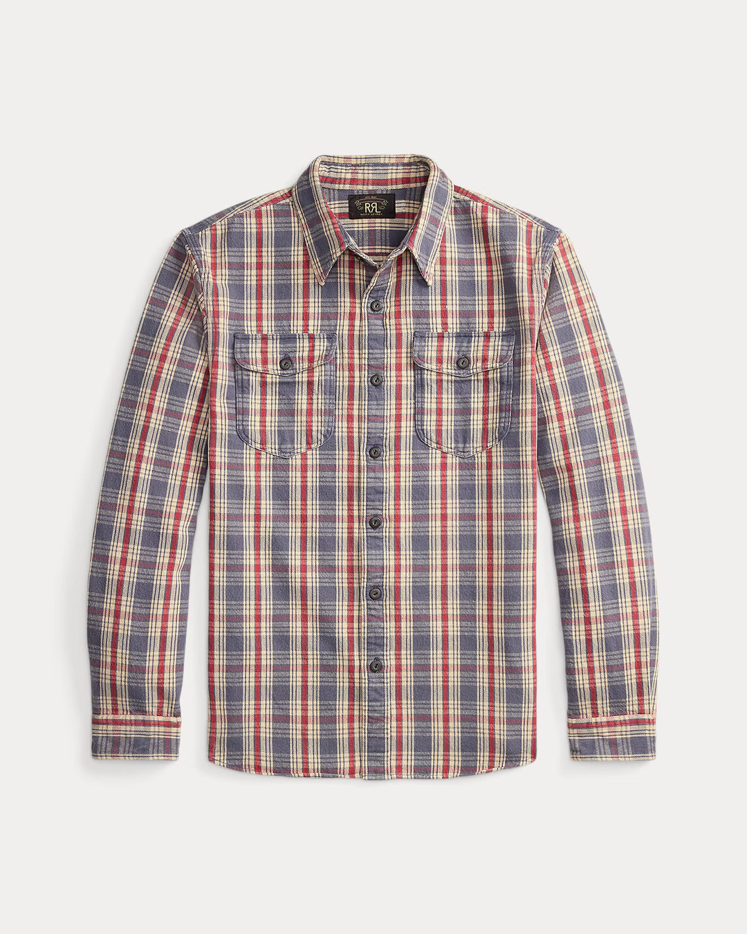 Plaid shirt with red, blue, and white pattern on a light gray background