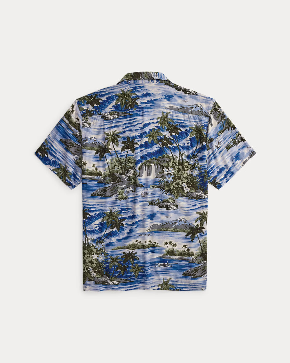 Short-sleeve shirt with a tropical island pattern on a white background
