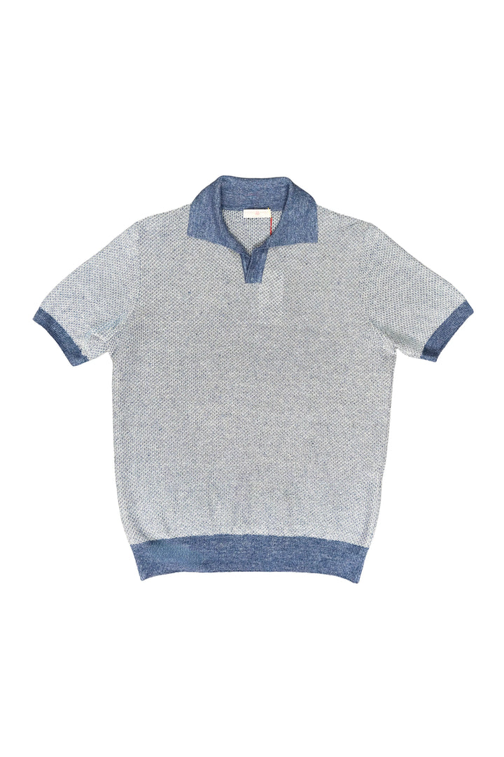 Short-sleeve shirt with blue trim on a white background