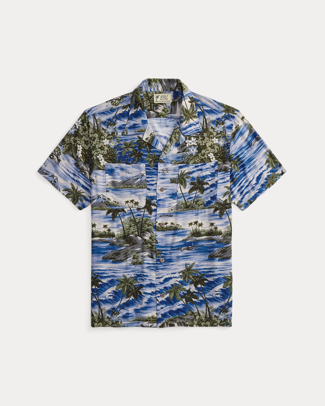 Short-sleeve shirt with tropical island pattern on a white background