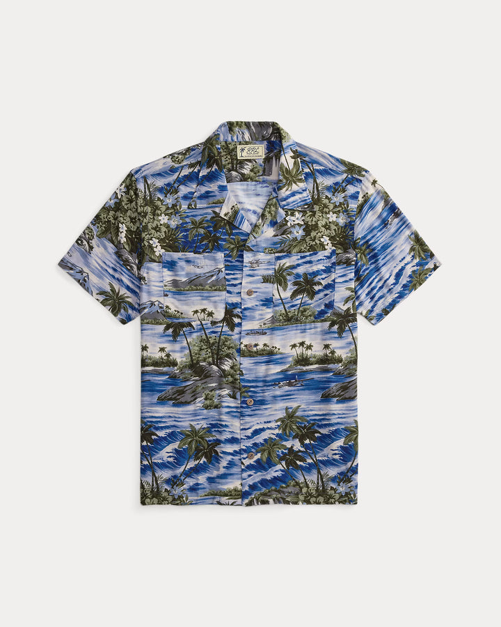 Short-sleeve shirt with tropical island pattern on a white background