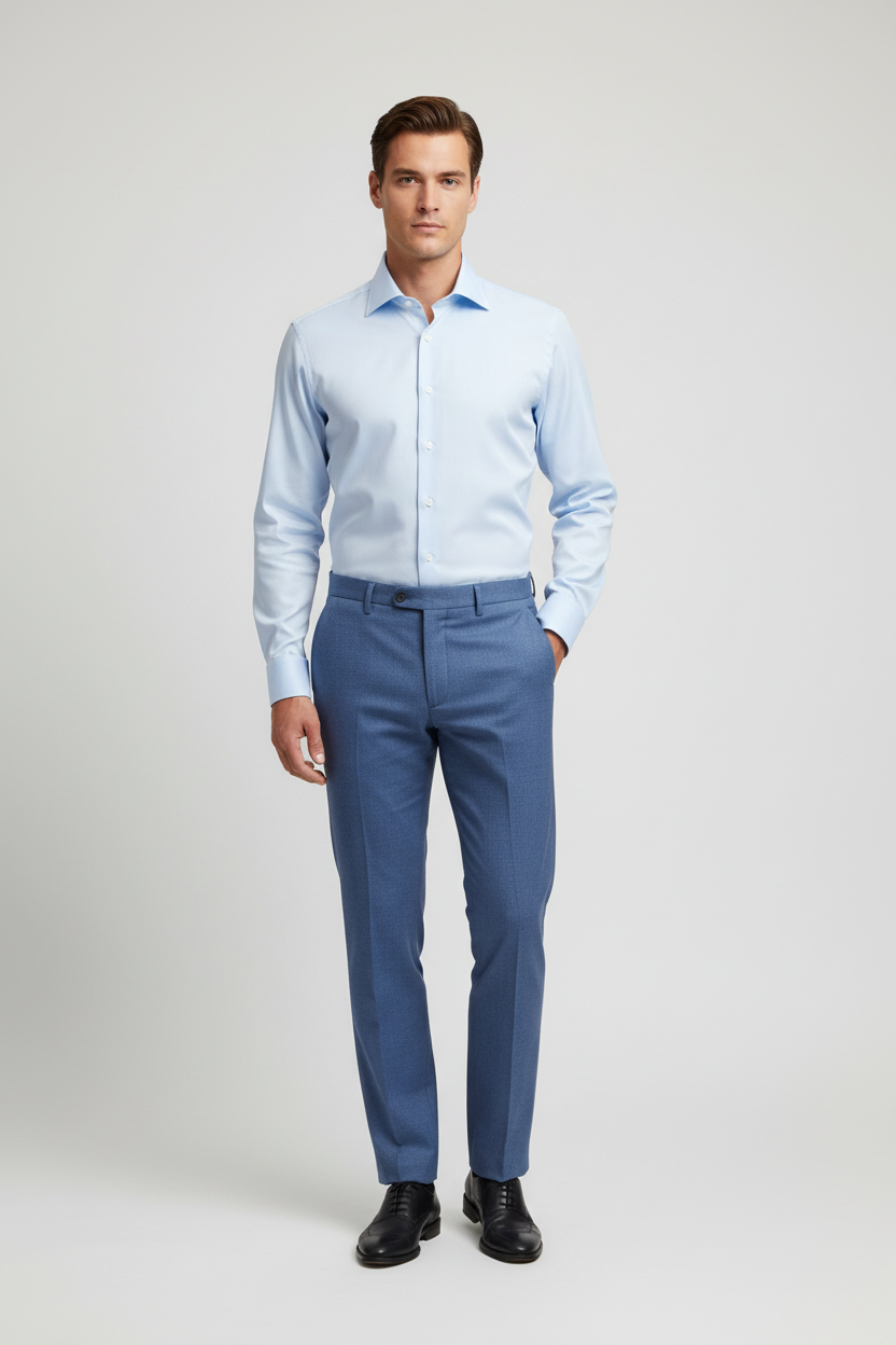 A blue dress shirt with a moderate cut-away collar and single cuff, displayed on a plain background.