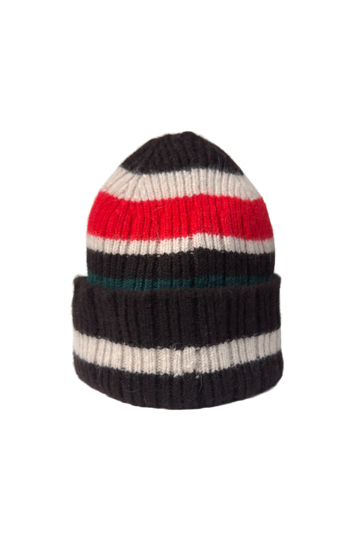 Striped beanie with black, red, white, and green colors on a white background