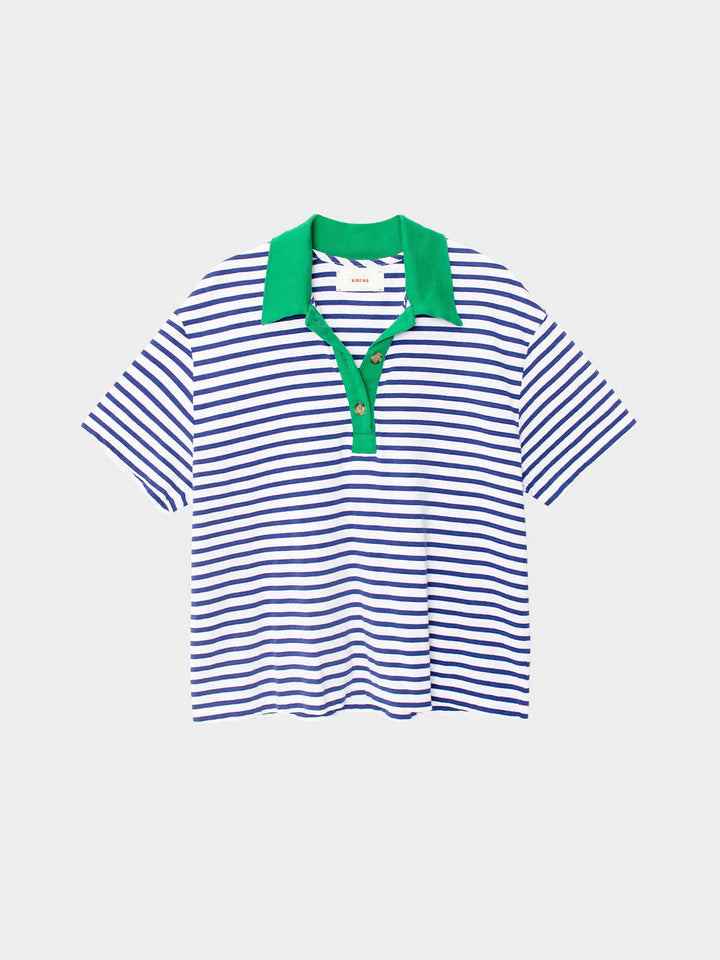 Striped polo shirt with green collar on a light gray background