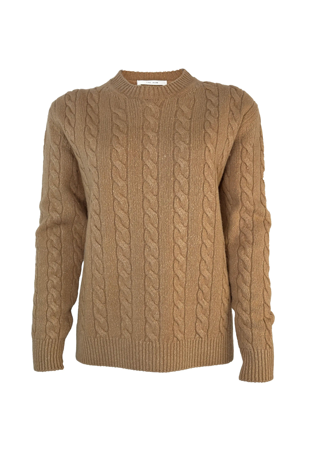 Brown cable knit sweater on a white background