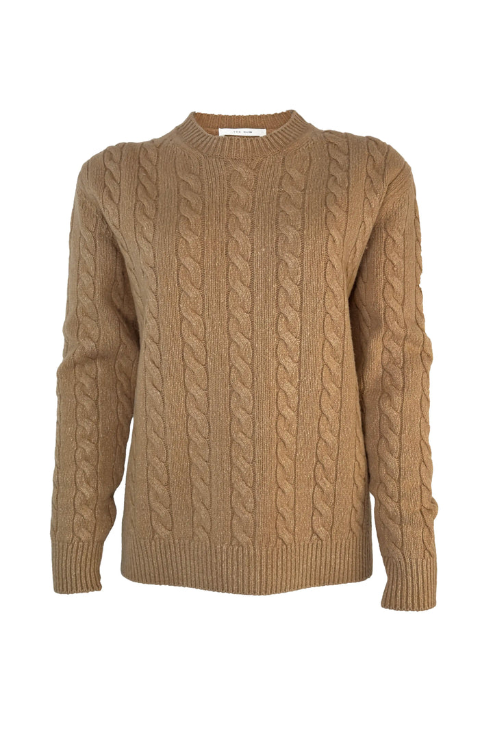 Brown cable knit sweater on a white background