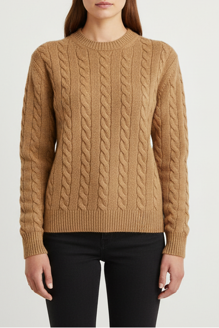 Person wearing a brown cable knit sweater on a white background