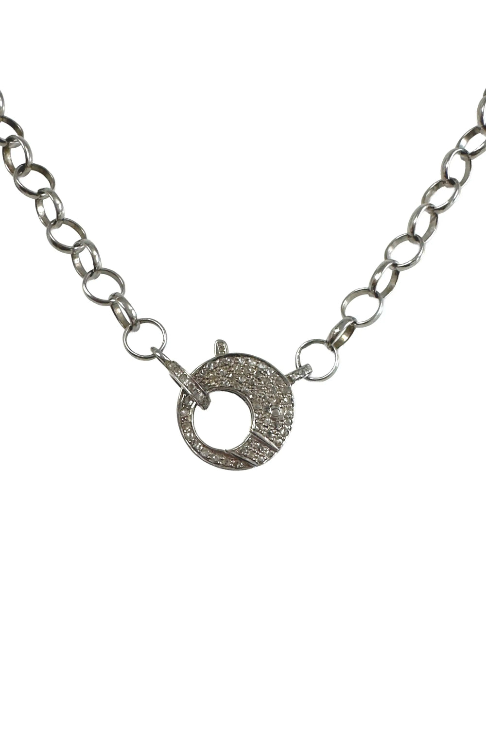 Silver chain necklace with a clasp on a white background