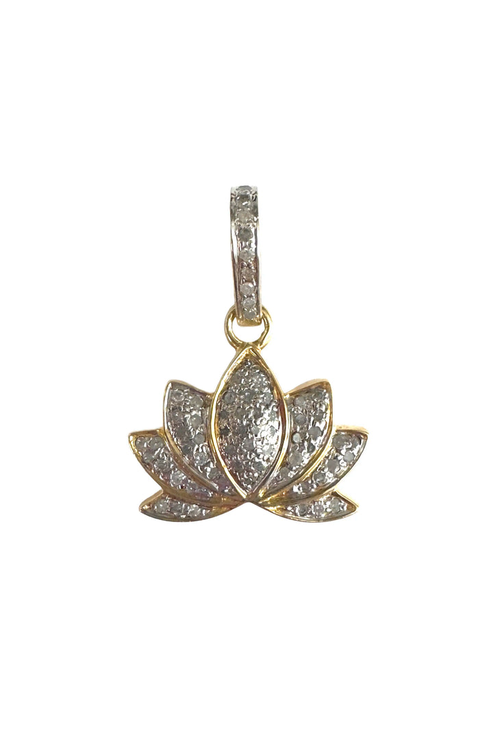 Lotus flower pendant with gold and silver detailing on a white background