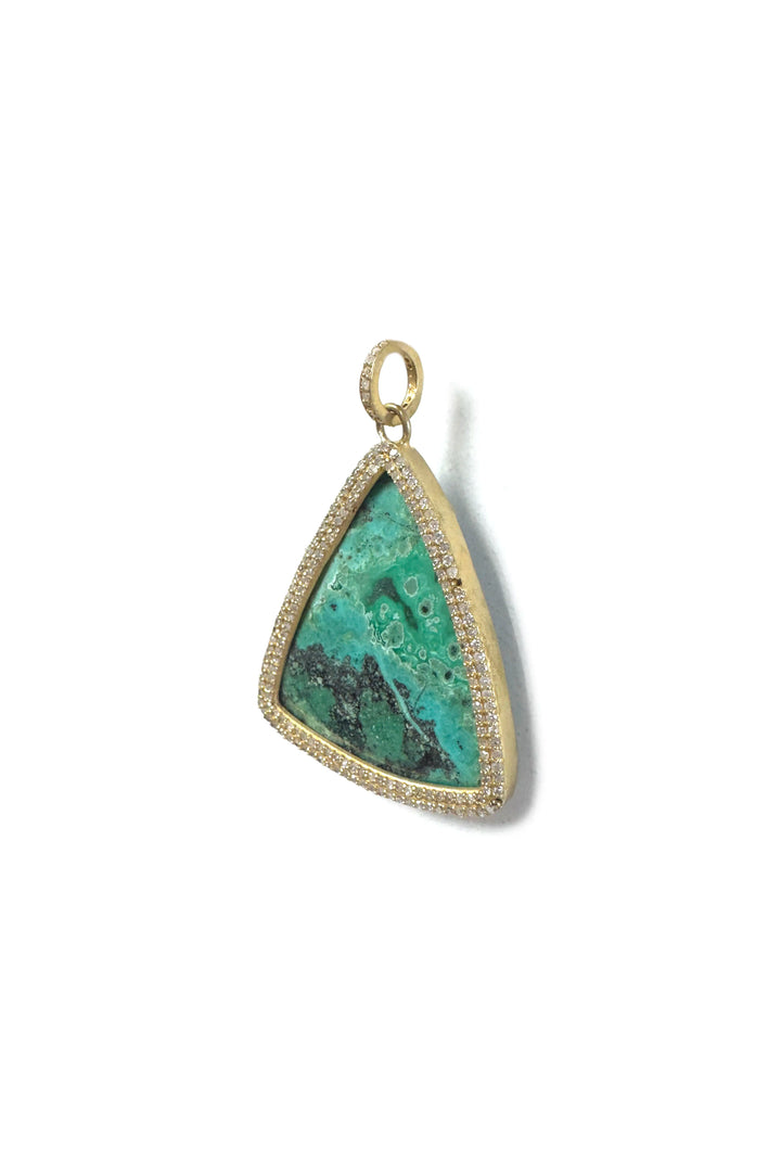 Triangular green stone pendant with gold frame on a white background