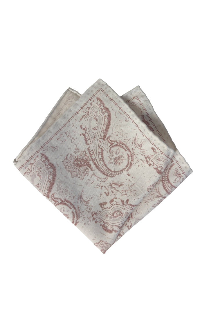Two folded fabric napkins with a paisley pattern on a white background