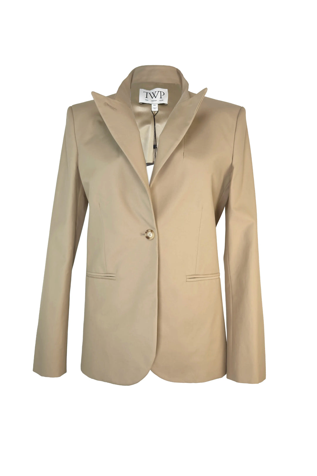 Beige blazer with a visible brand label on a white background