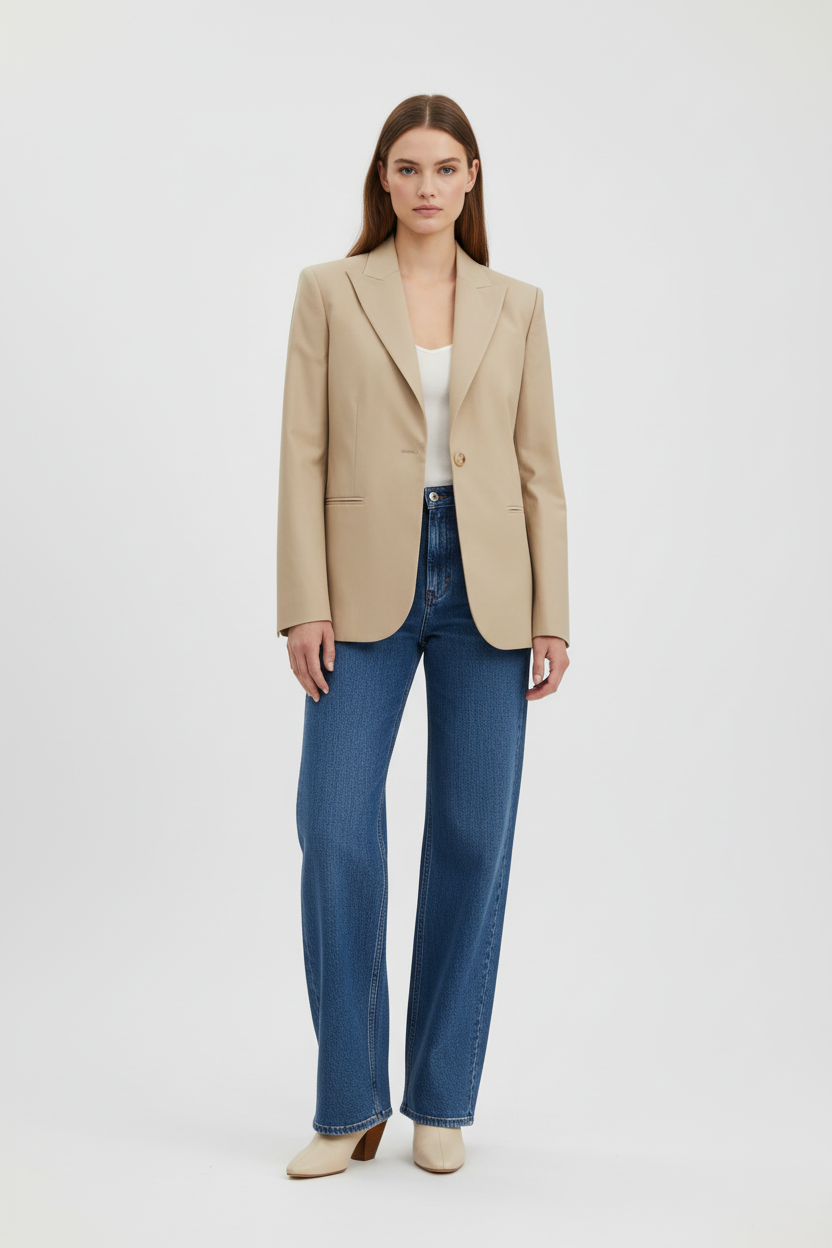 Woman wearing a beige blazer, white top, and blue jeans on a white background